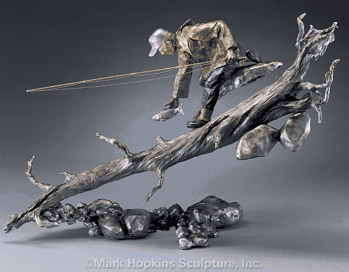 Close-up of a limited edition bronze sculpture by Mark Hopkins, showcasing unique patina and artist signature