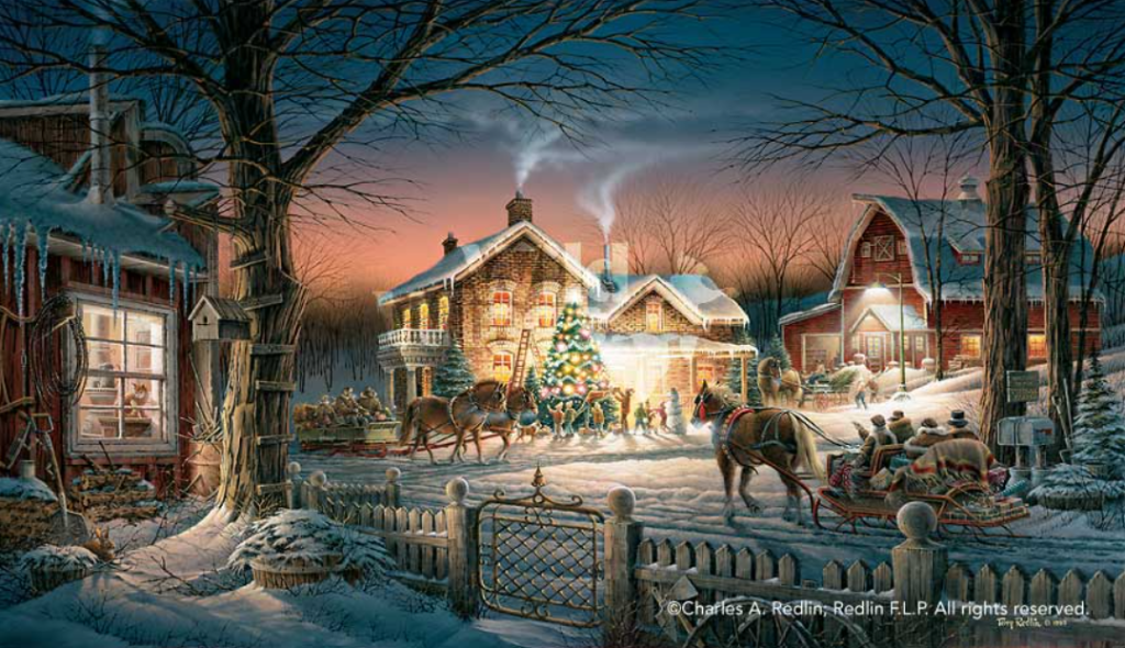 Terry Redlin landscape painting featuring a sunset over a lake with deer, highlighting nature's beauty